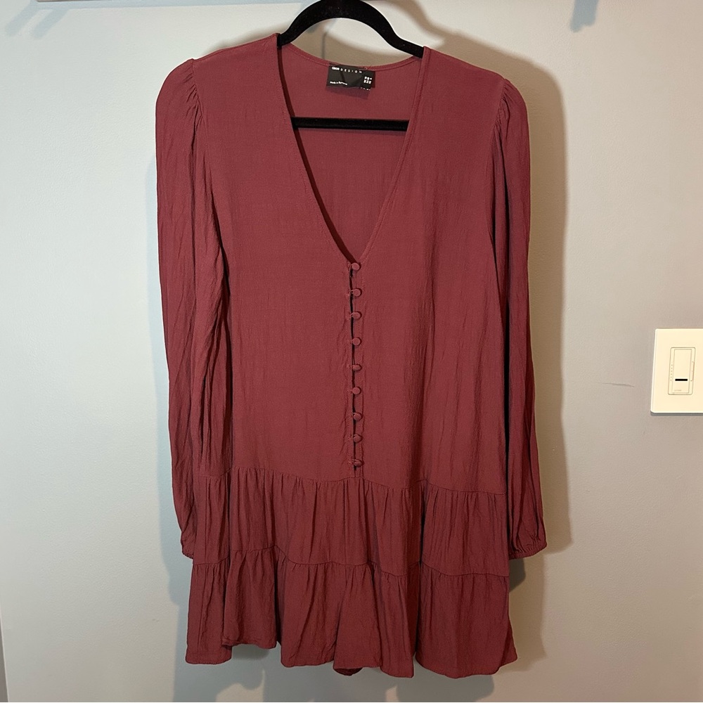 ASOS Design V-Neck Tiered Long Sleeve Mini Dress in Plum Purple